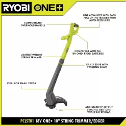 RYOBI PCLST01K ONE+ 18V 10 in. Cordless Battery String Trimmer/Edger with 2.0 Ah Battery and Charger