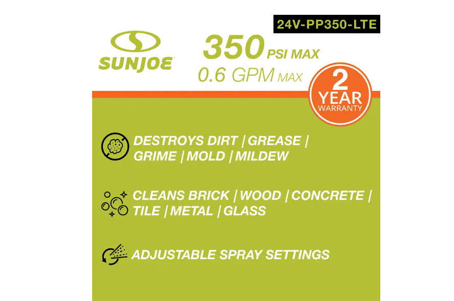 Sun Joe 24V 350 PSI Max 0.6 GPM Cold Water Electric Pressure Washer Kit with 2.0 Ah Battery Plus Charger