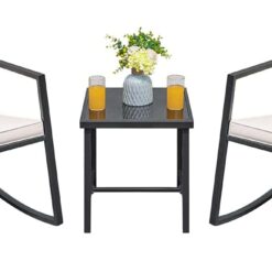 Greesum 3 Pieces Rocking Wicker Bistro Set, Patio Outdoor Furniture Conversation Sets with Porch Chairs and Glass Coffee Table, Beige