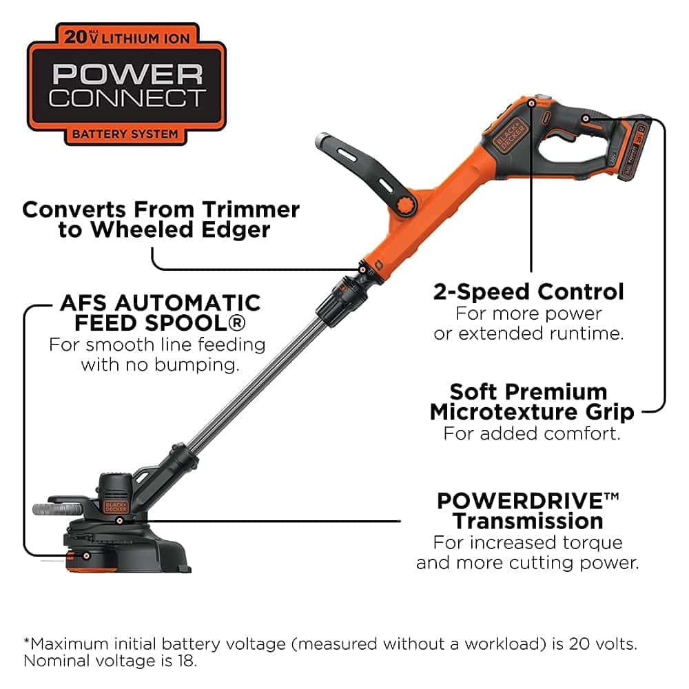 BLACK+DECKER 20V MAX String Trimmer and Edger, Cordless, 12 Inch, 2-Speed Control, 2 Batteries, Charger, and Spool Included (LSTE525)