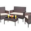 Greesum 4 Piece Patio Conversation Set (Wicker) | Loveseat, Chairs, Glass Table (Brown & Beige)