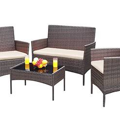 Greesum 4 Piece Patio Conversation Set (Wicker) | Loveseat, Chairs, Glass Table (Brown & Beige)