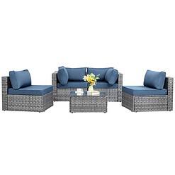 Shintenchi 5 Piece Patio Sectional Sofa Set w/ Washable Cushions & Glass Table (Aegean Blue)