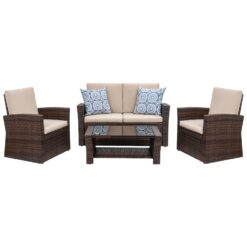 Shintenchi Outdoor Patio Furniture 4 Piece Set, Wicker Rattan Sectional Sofa Couch with Glass Coffee Table | Brown