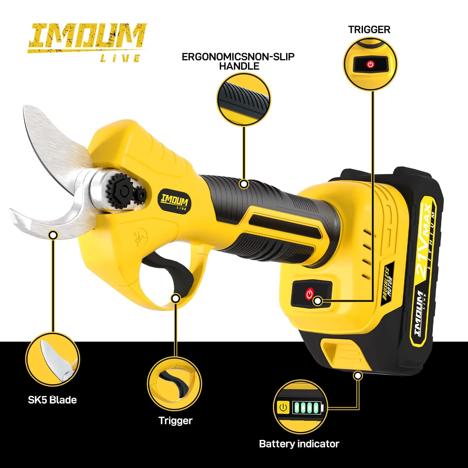 IMOUMLIVE 21V Brushless Cordless Pruning Shears (0.8-1.2" Cut) | 2 Batteries, SK5 Blades