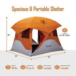 Gazelle Tents T4 Hub Tent, UV Resistant, Removable Floor, 4-Person, Orange, 78