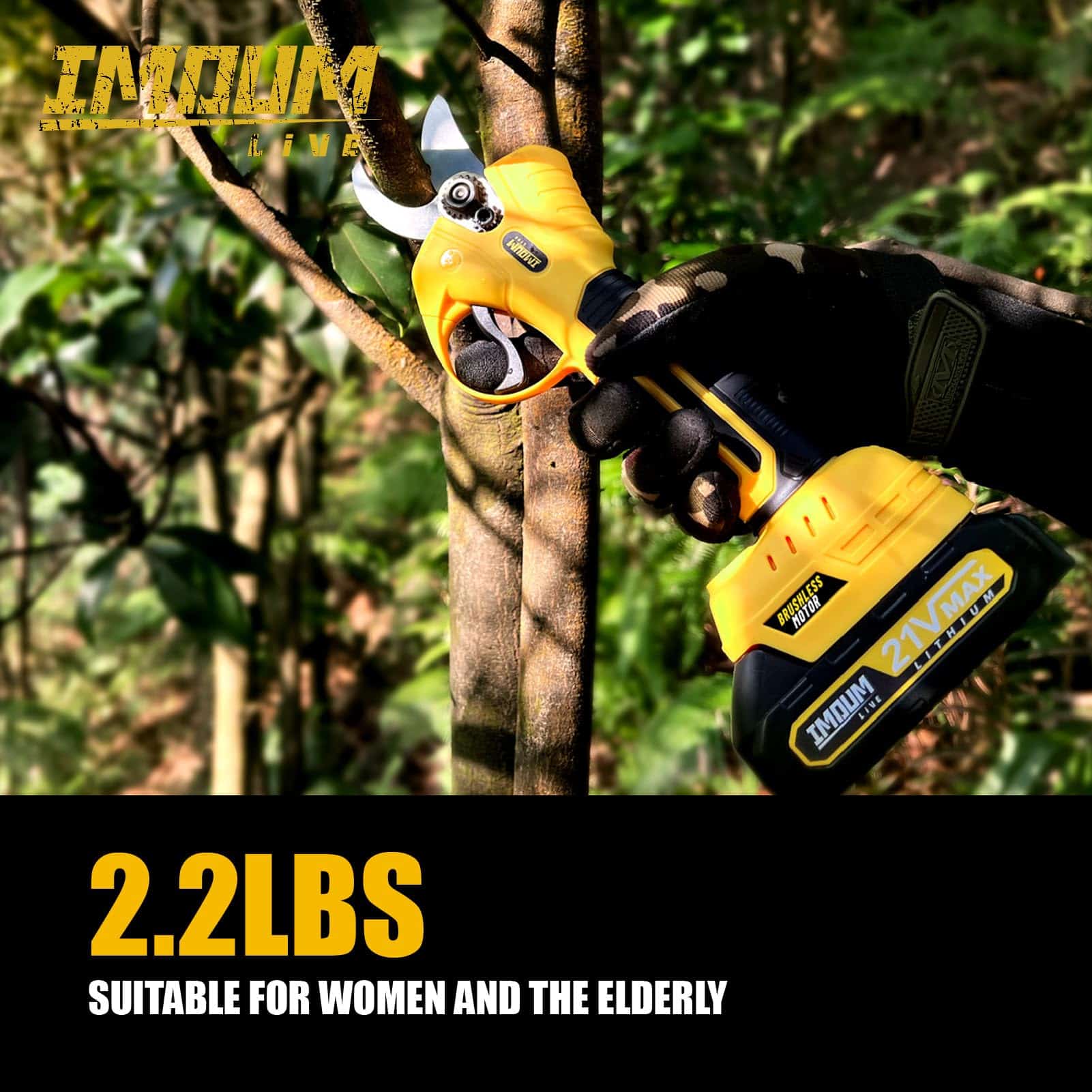 IMOUMLIVE 21V Brushless Cordless Pruning Shears (0.8-1.2" Cut) | 2 Batteries, SK5 Blades