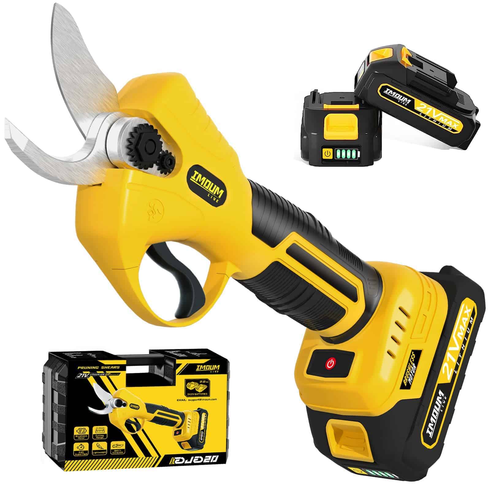 IMOUMLIVE 21V Brushless Cordless Pruning Shears (0.8-1.2" Cut) | 2 Batteries, SK5 Blades