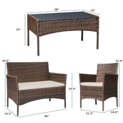 Greesum 4 Piece Patio Conversation Set (Wicker) | Loveseat, Chairs, Glass Table (Brown & Beige)