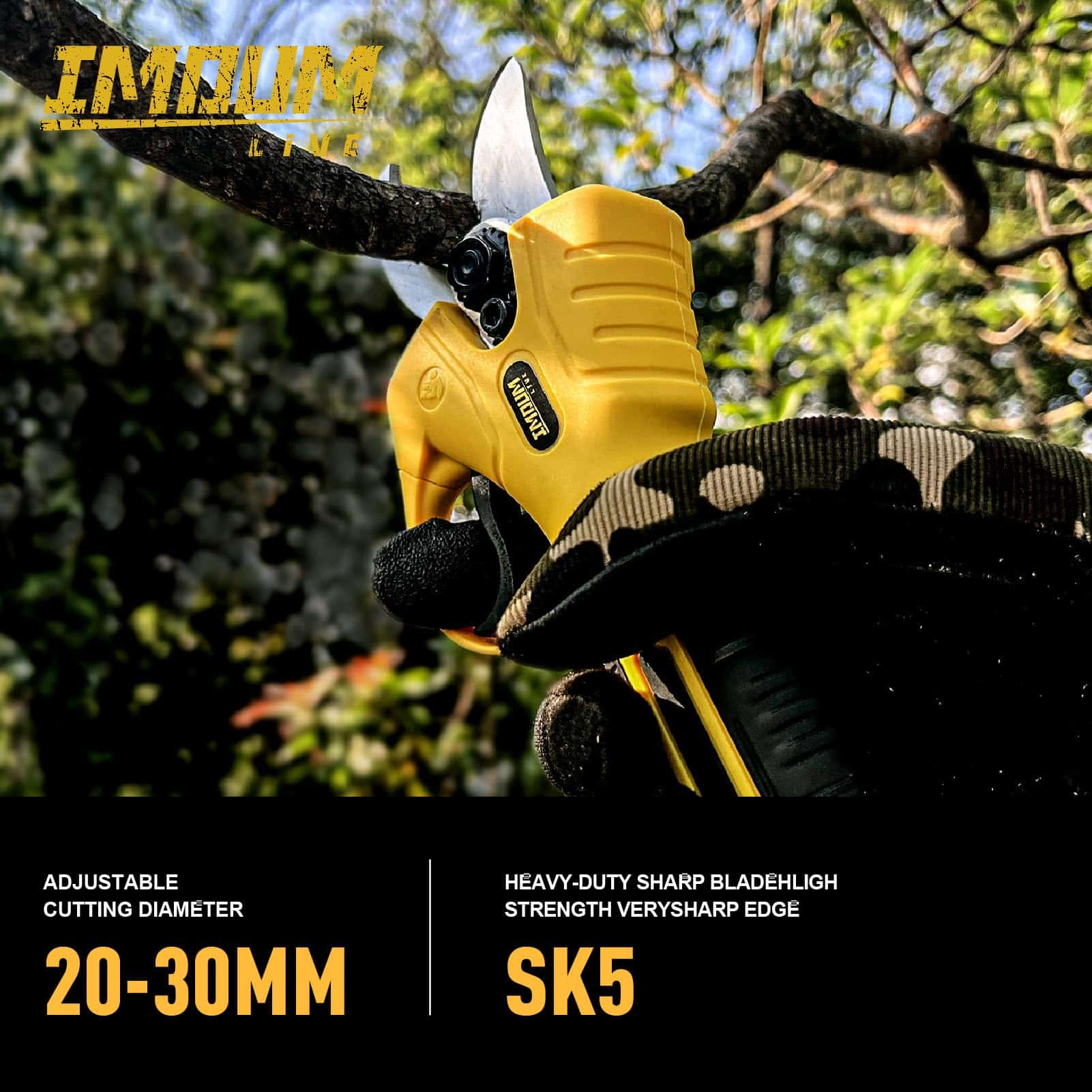 IMOUMLIVE 21V Brushless Cordless Pruning Shears (0.8-1.2" Cut) | 2 Batteries, SK5 Blades
