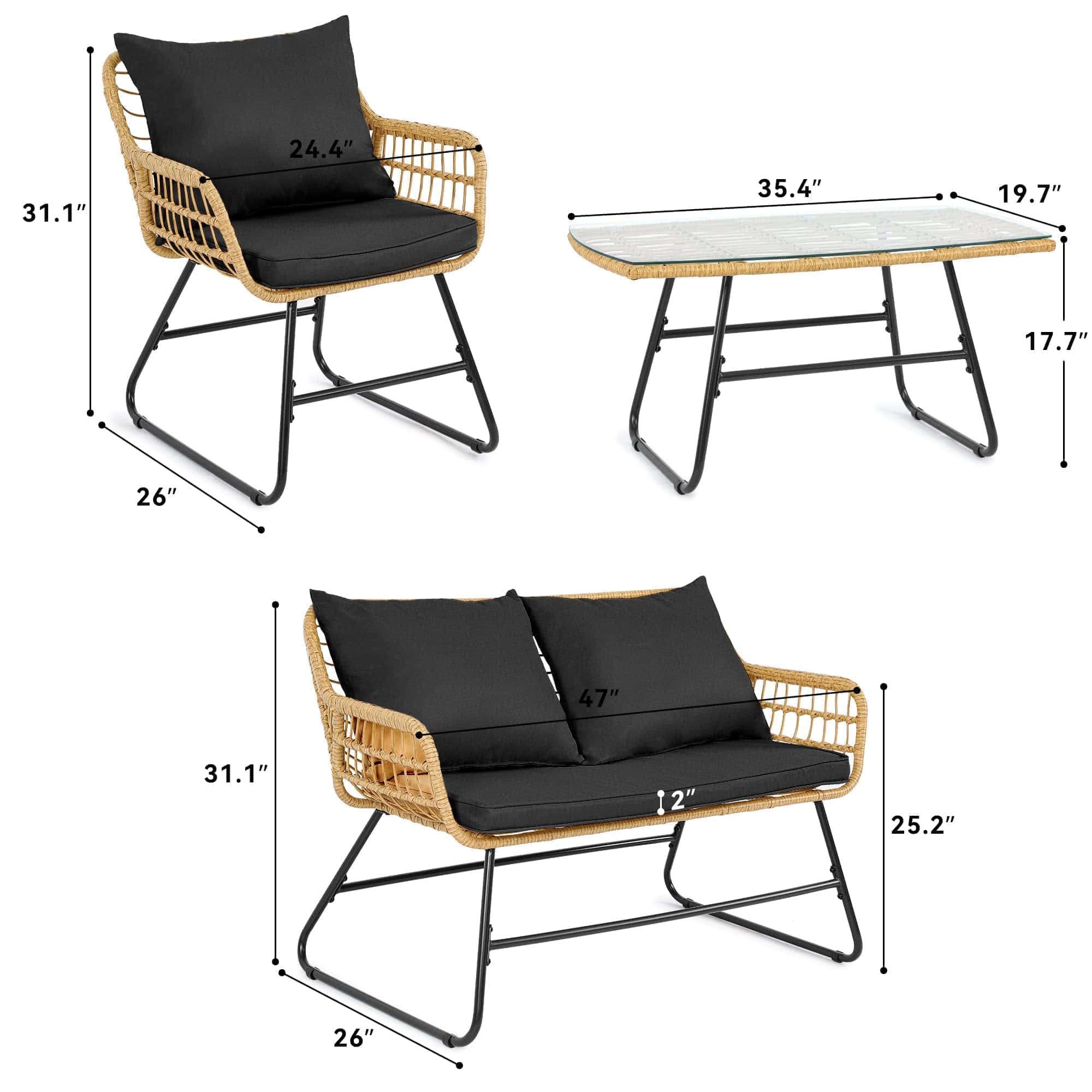 YITAHOME 4-Piece Patio Furniture Wicker Outdoor Bistro Set, All-Weather Rattan Conversation Loveseat Chairs, Balcony and Deck (Light Brown+Black)