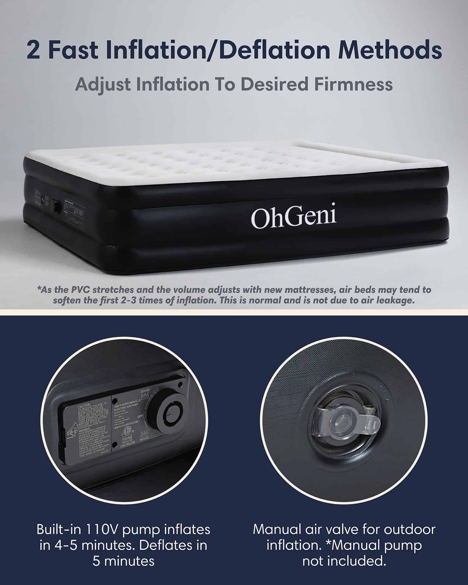 OhGeni Air Mattress Queen with Built-in Pump for Guest, 18" Tall Colchon Inflable Camping Blow Up Air Bed with Carrying Bag