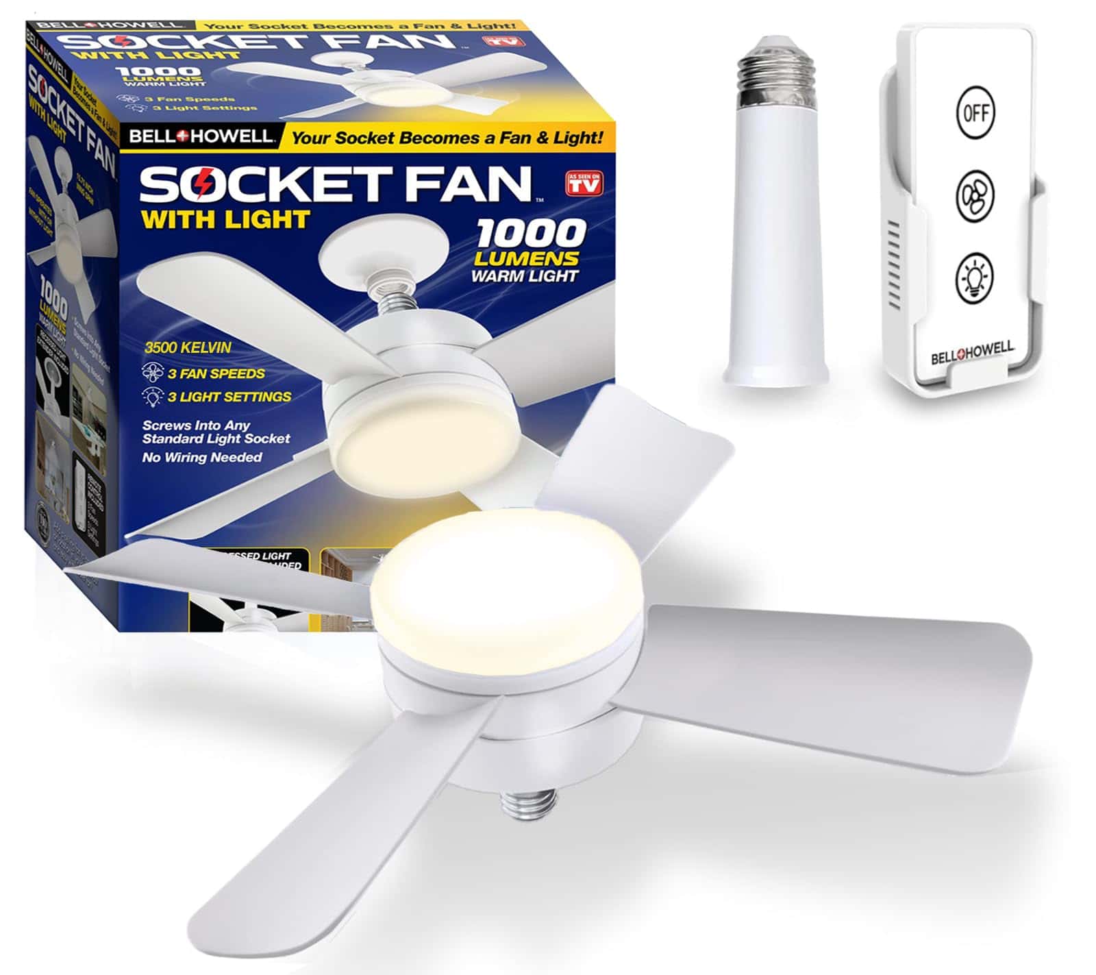 Bell+Howell Socket Fan Light Original – Warm Light Ceiling Fans with Lights and Remote