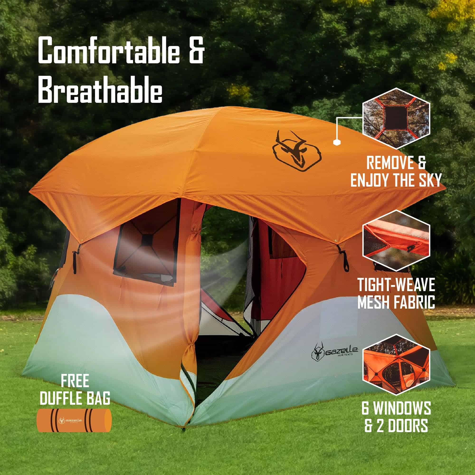 Gazelle Tents T4 Hub Tent, UV Resistant, Removable Floor, 4-Person, Orange, 78"x 94" x 94"