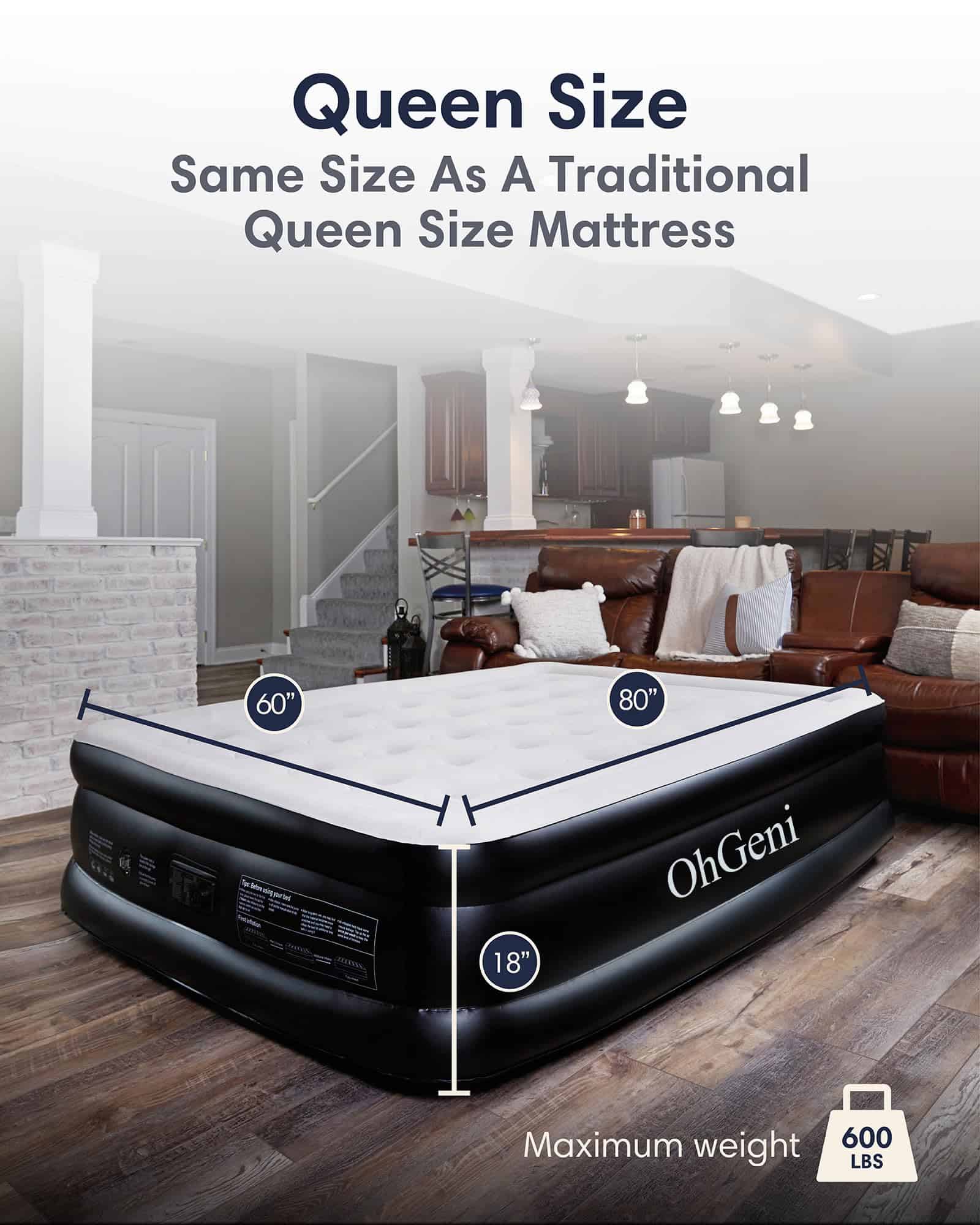 OhGeni Air Mattress Queen with Built-in Pump for Guest, 18" Tall Colchon Inflable Camping Blow Up Air Bed with Carrying Bag