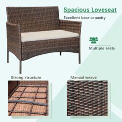 Greesum 4 Piece Patio Conversation Set (Wicker) | Loveseat, Chairs, Glass Table (Brown & Beige)