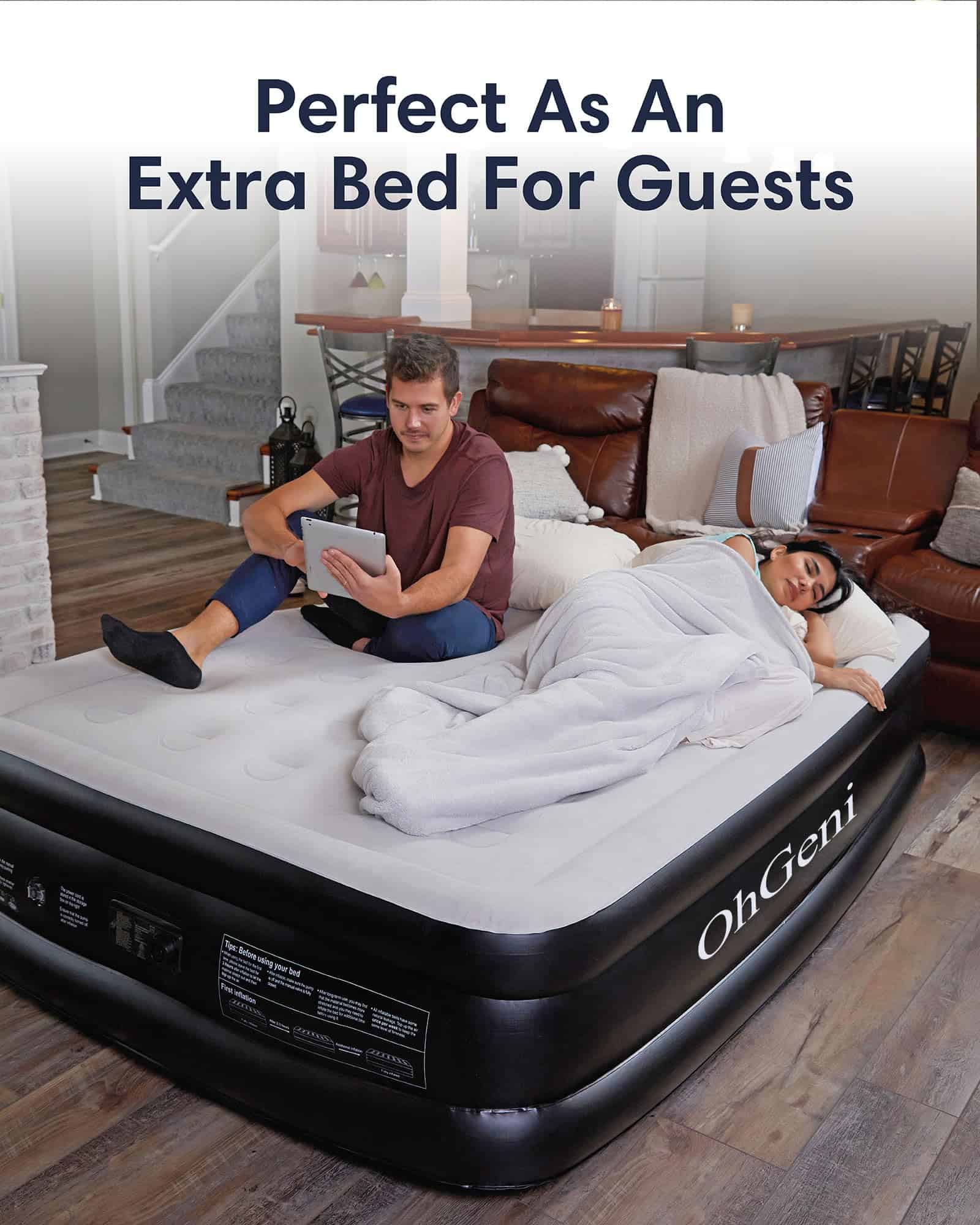 OhGeni Air Mattress Queen with Built-in Pump for Guest, 18" Tall Colchon Inflable Camping Blow Up Air Bed with Carrying Bag