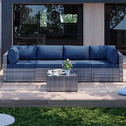 Shintenchi 5 Piece Patio Sectional Sofa Set w/ Washable Cushions & Glass Table (Aegean Blue)