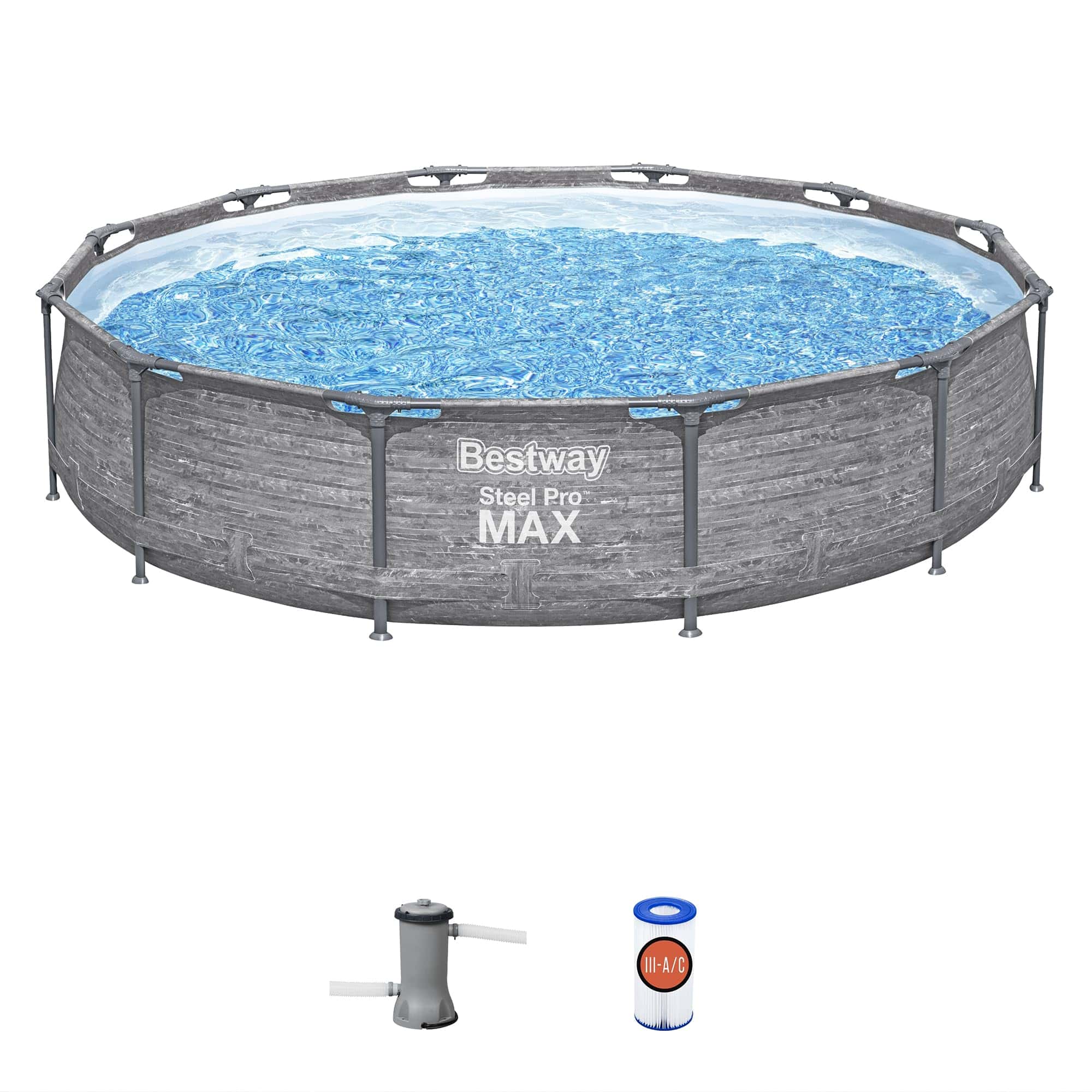 Bestway Steel Pro MAX 12' x 30" Round Above Ground Swimming Pool Set Outdoor Metal Frame Family Pool with Liner and Filter Pump, Gray