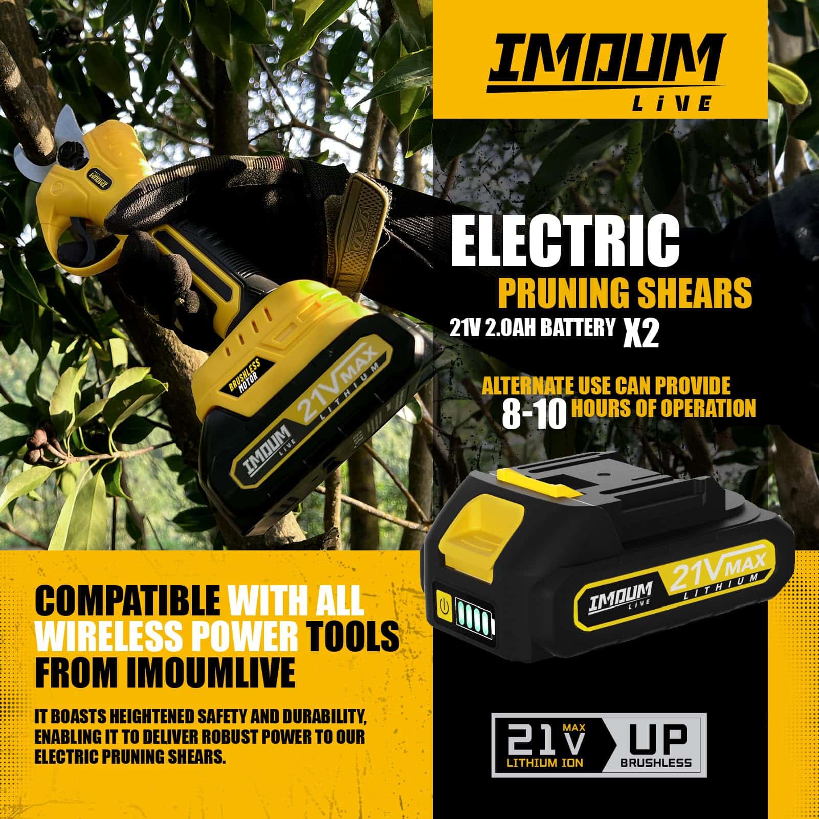 IMOUMLIVE 21V Brushless Cordless Pruning Shears (0.8-1.2" Cut) | 2 Batteries, SK5 Blades
