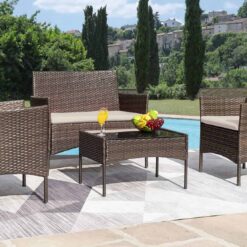 Greesum 4 Piece Patio Conversation Set (Wicker) | Loveseat, Chairs, Glass Table (Brown & Beige)