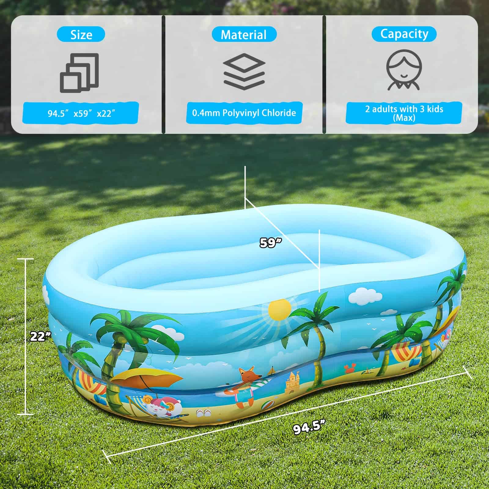 JOSEN Inflatable Pool: Kiddie Fun for All Ages! (94"x59"x22") | Safe, Durable & Easy to Set Up