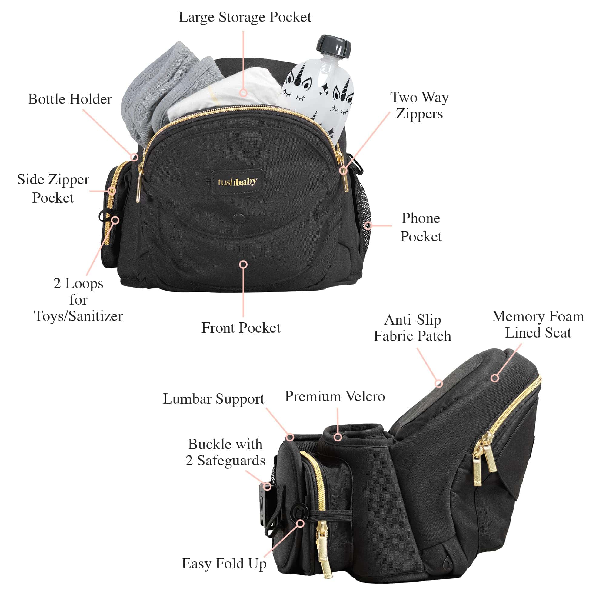 Tushbaby - Safety-Certified Hip Seat Baby Carrier - Mom’s Choice Award Winner, Seen on Shark Tank (Carrier, Black/Gold)