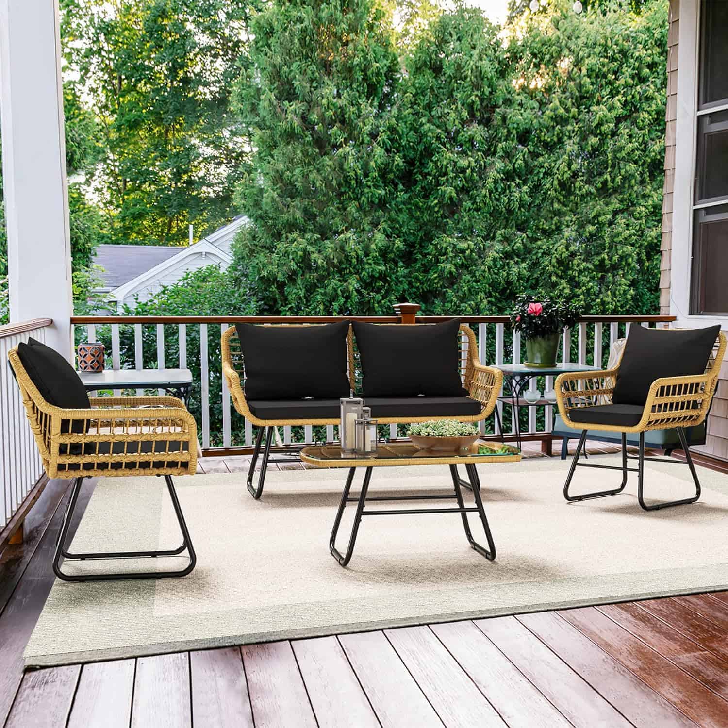 YITAHOME 4-Piece Patio Furniture Wicker Outdoor Bistro Set, All-Weather Rattan Conversation Loveseat Chairs, Balcony and Deck (Light Brown+Black)