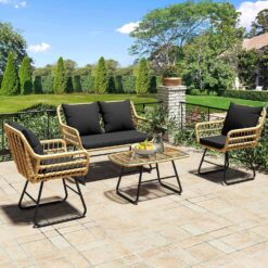 YITAHOME 4-Piece Patio Furniture Wicker Outdoor Bistro Set, All-Weather Rattan Conversation Loveseat Chairs, Balcony and Deck (Light Brown+Black)