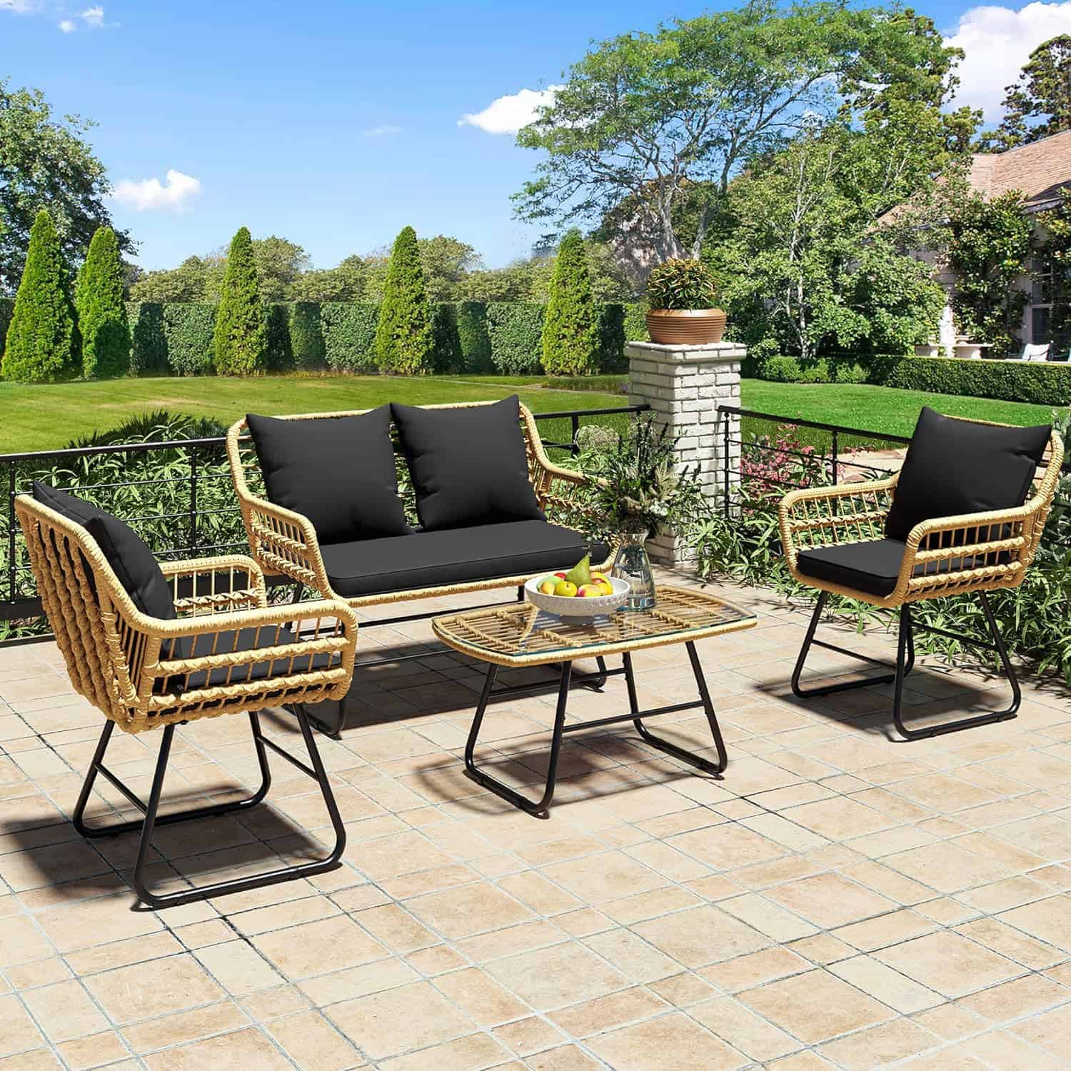 YITAHOME 4-Piece Patio Furniture Wicker Outdoor Bistro Set, All-Weather Rattan Conversation Loveseat Chairs, Balcony and Deck (Light Brown+Black)