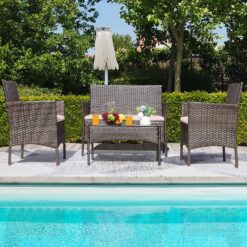 Greesum 4 Piece Patio Conversation Set (Wicker) | Loveseat, Chairs, Glass Table (Brown & Beige)