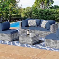 Shintenchi 5 Piece Patio Sectional Sofa Set w/ Washable Cushions & Glass Table (Aegean Blue)