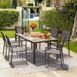 Homall 7 Piece Patio Dining Set w/ Stackable Textilene Chairs & Large Table (Grey)