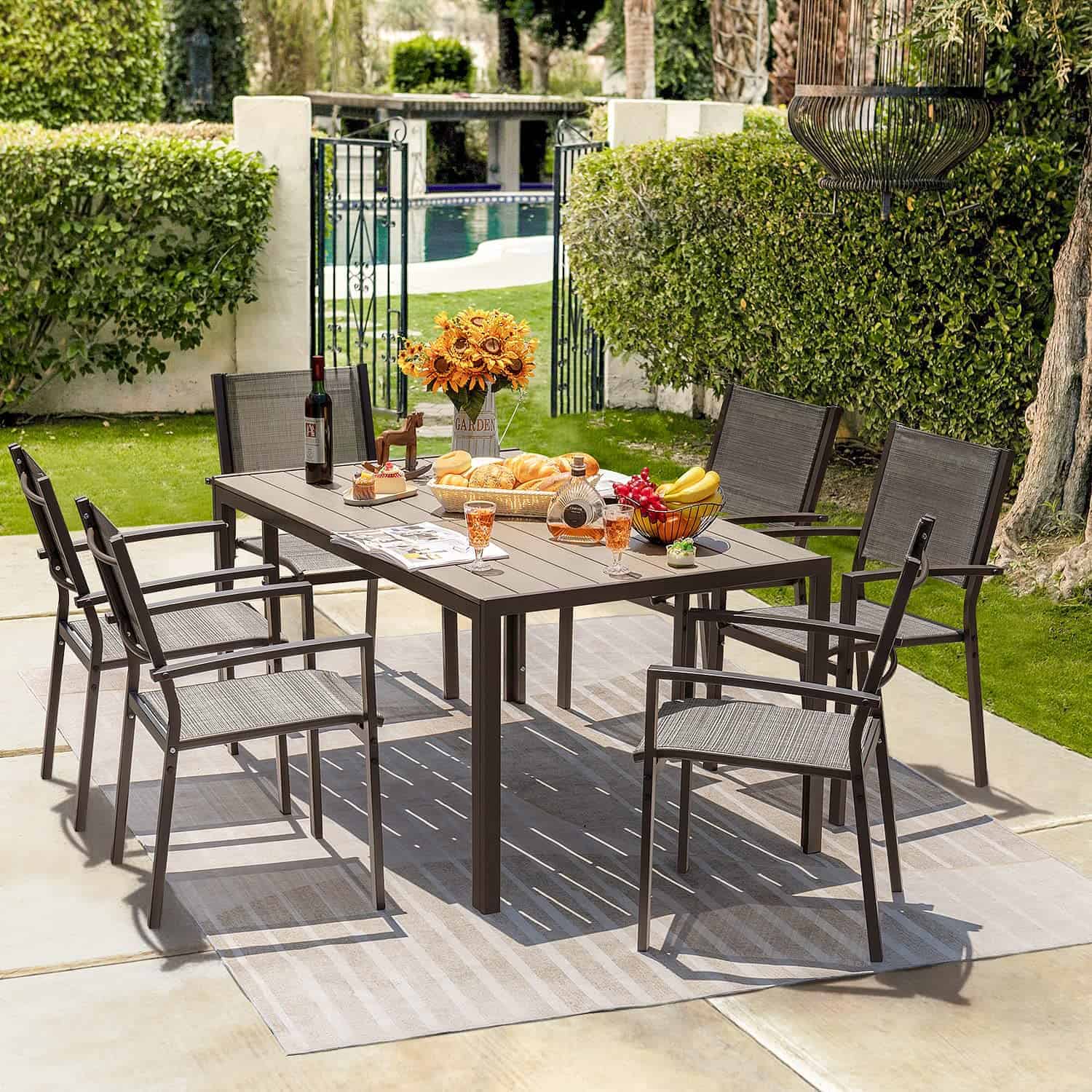 Homall 7 Piece Patio Dining Set w/ Stackable Textilene Chairs & Large Table (Grey)