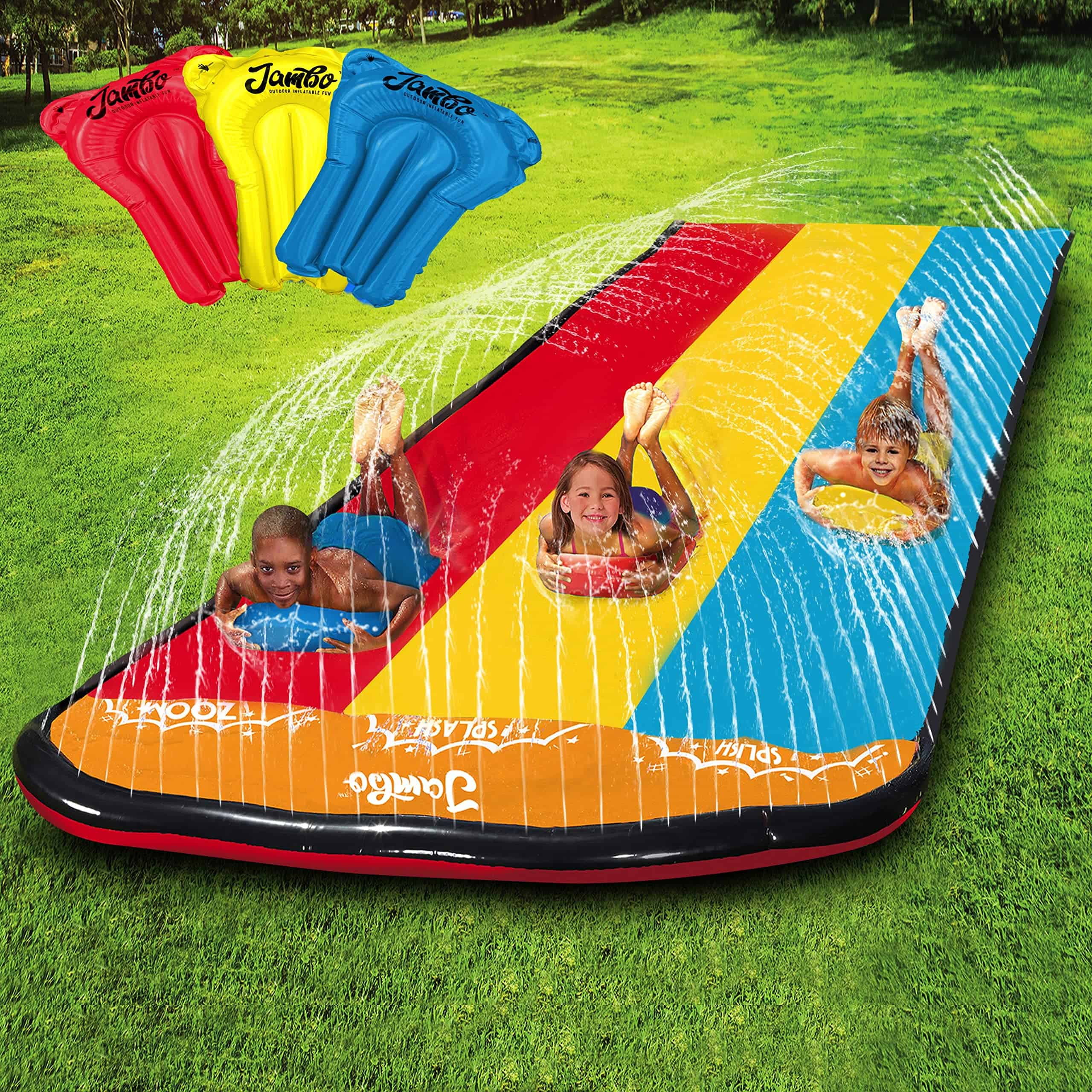 JAMBO Premium Triple Slip Splash and Slide with Bodyboards (Updated Model), Heavy Duty Water Slide