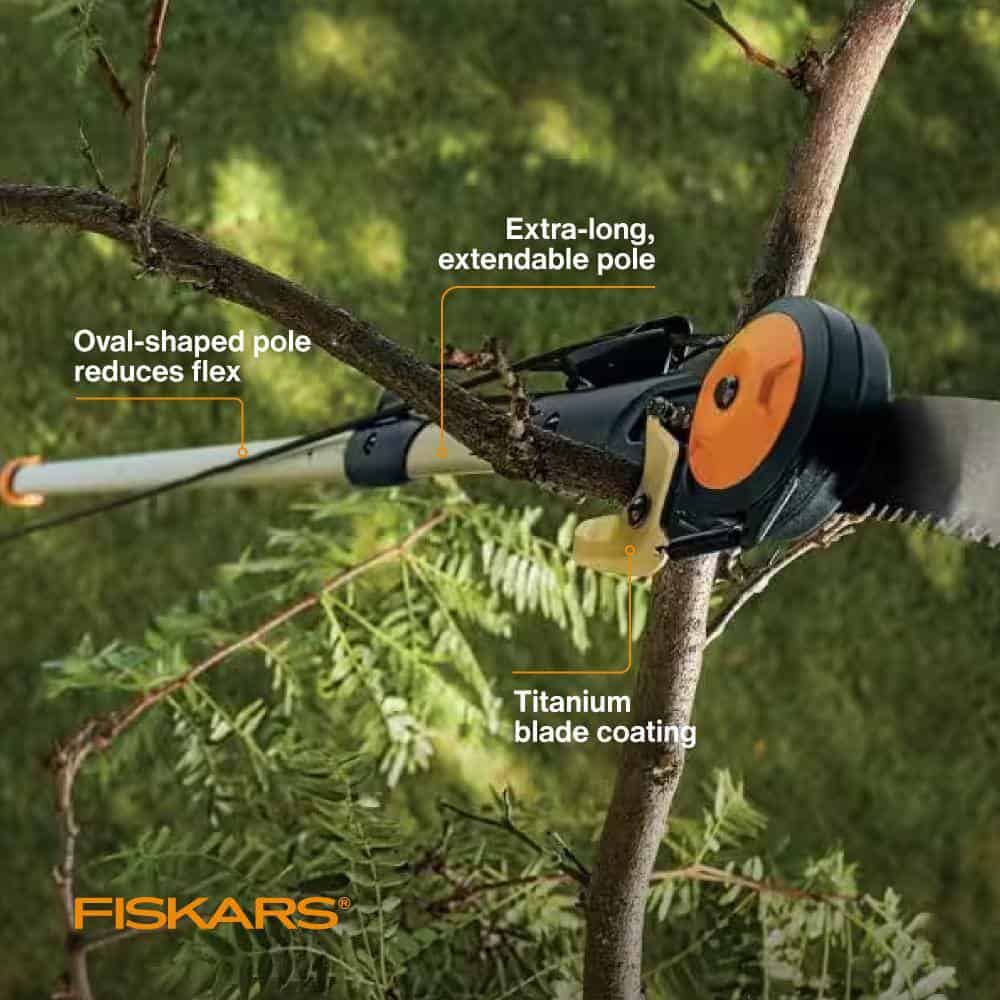 Fiskars 394732-1003 1.25 in. Cut Capacity Steel Titanium Coated Cutting Blade 15 in. Fiberglass/Alum Pole Chain Drive 16 ft. Tree Pruner