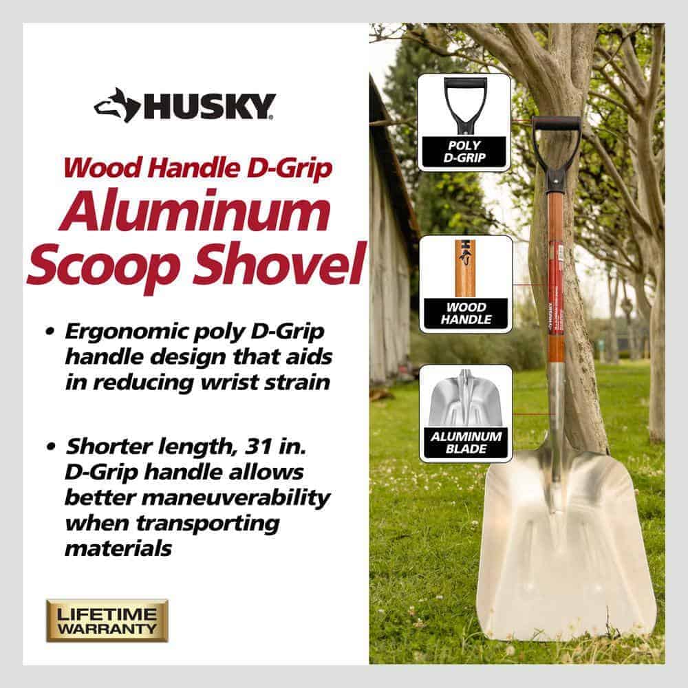 Husky 77531-947 28 in. D-Grip Short Wood Handle Aluminum Scoop Shovel
