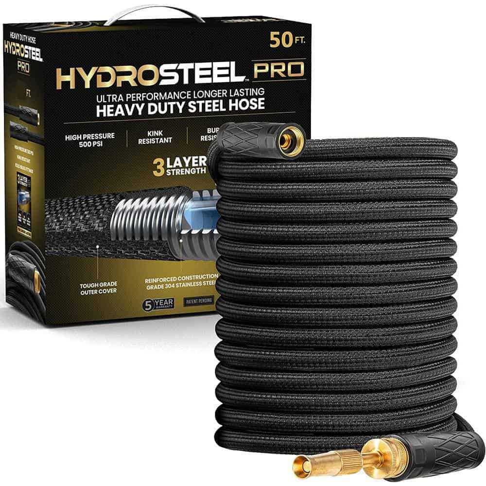 HydroSteel 8586 Pro 50 ft. Heavy-Duty Flexible Lightweight 304 Stainless Steel Metal Water Hose with Brass Nozzle