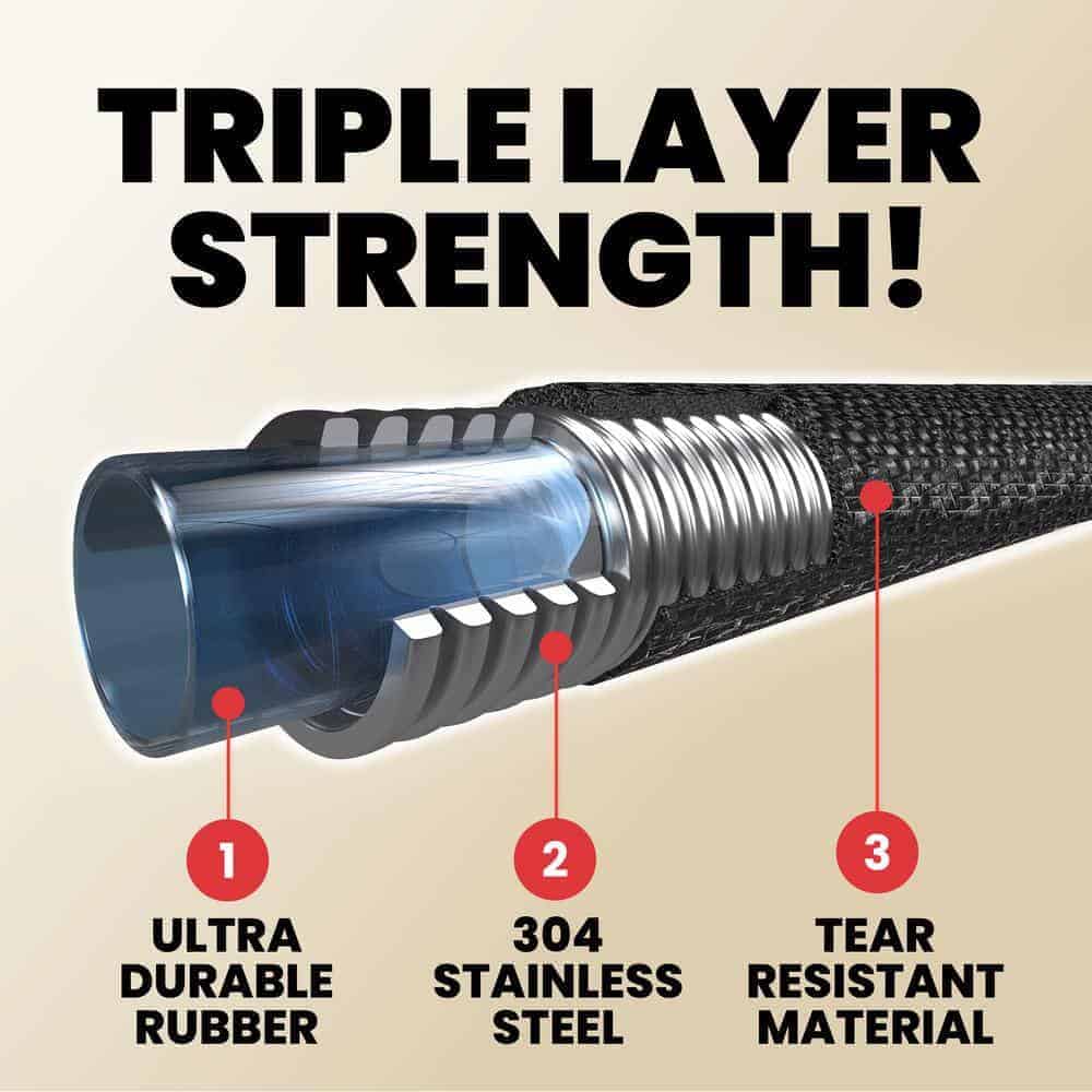 HydroSteel 8586 Pro 50 ft. Heavy-Duty Flexible Lightweight 304 Stainless Steel Metal Water Hose with Brass Nozzle
