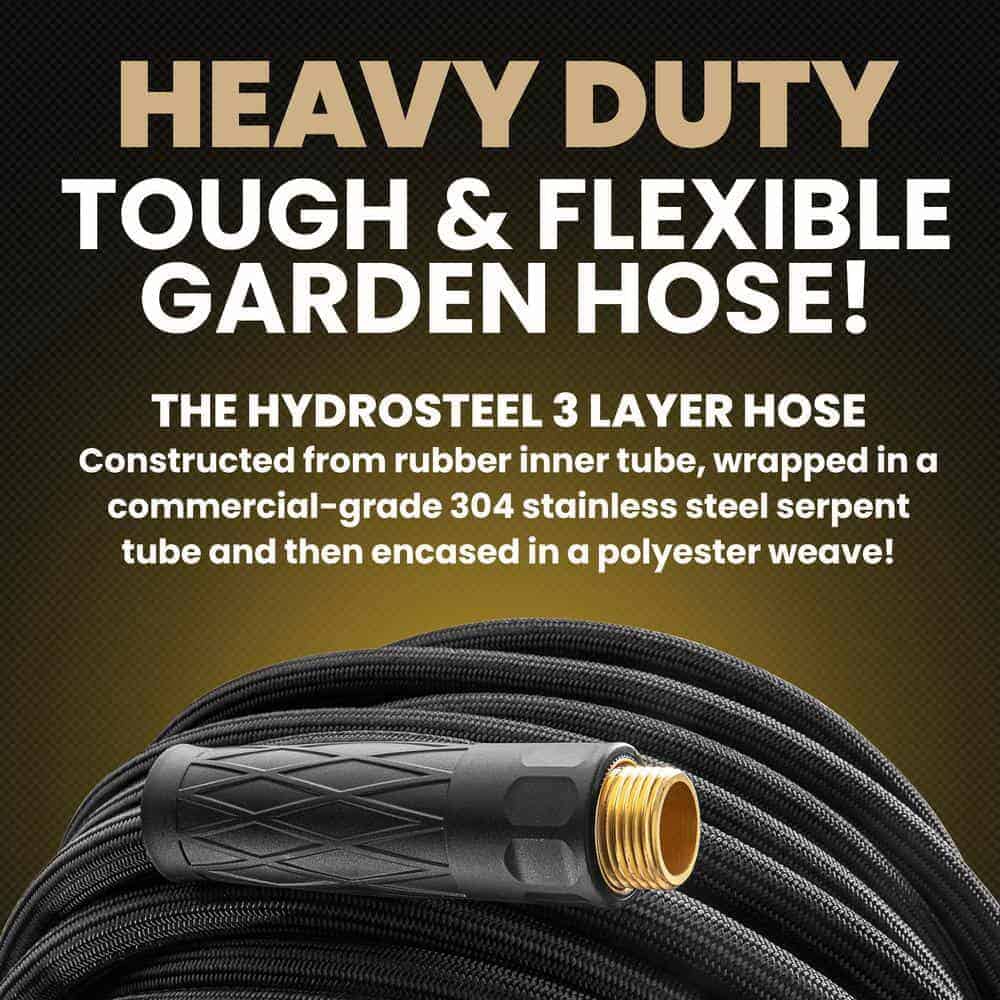 HydroSteel 8586 Pro 50 ft. Heavy-Duty Flexible Lightweight 304 Stainless Steel Metal Water Hose with Brass Nozzle