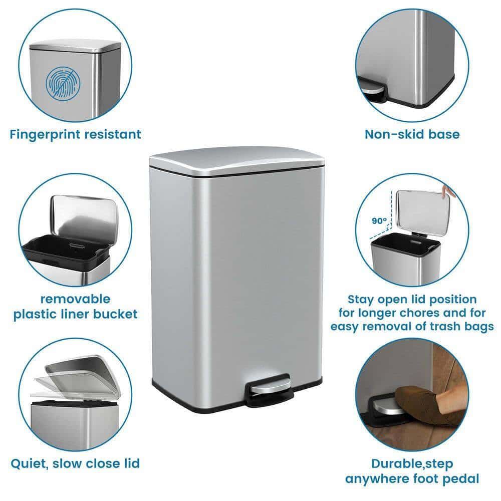 Innovaze MGCS-AS2003 13.2 Gal. /50 l Stainless Steel Rectangular Kitchen Step-on Trash Can