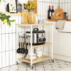 Costway JZ10016MS 3-Tier Kitchen Baker's Rack Microwave Oven Storage Cart with Hooks Beige