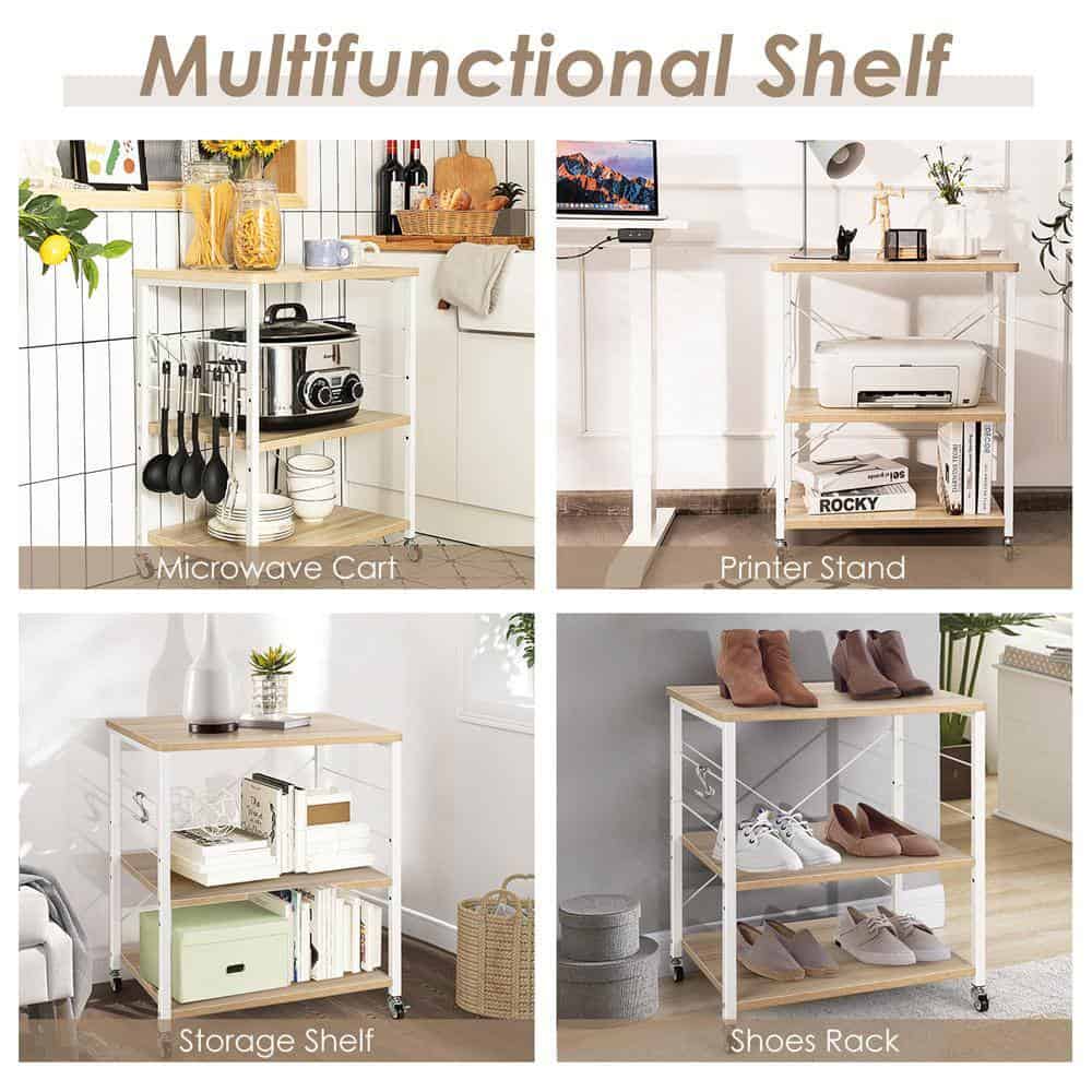 Costway JZ10016MS 3-Tier Kitchen Baker's Rack Microwave Oven Storage Cart with Hooks Beige