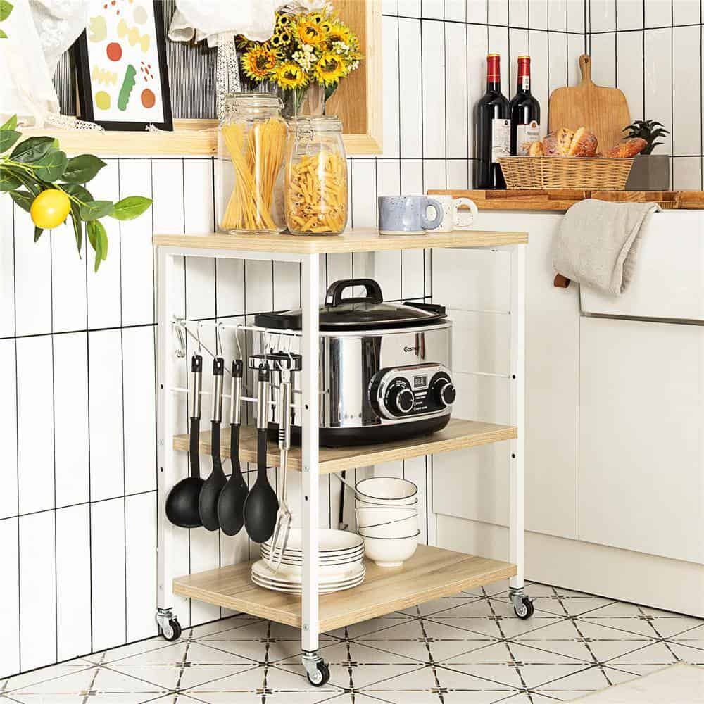 Costway JZ10016MS 3-Tier Kitchen Baker's Rack Microwave Oven Storage Cart with Hooks Beige