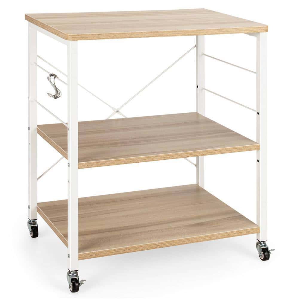 Costway JZ10016MS 3-Tier Kitchen Baker's Rack Microwave Oven Storage Cart with Hooks Beige