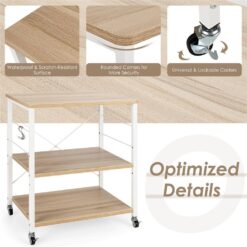 Costway JZ10016MS 3-Tier Kitchen Baker's Rack Microwave Oven Storage Cart with Hooks Beige