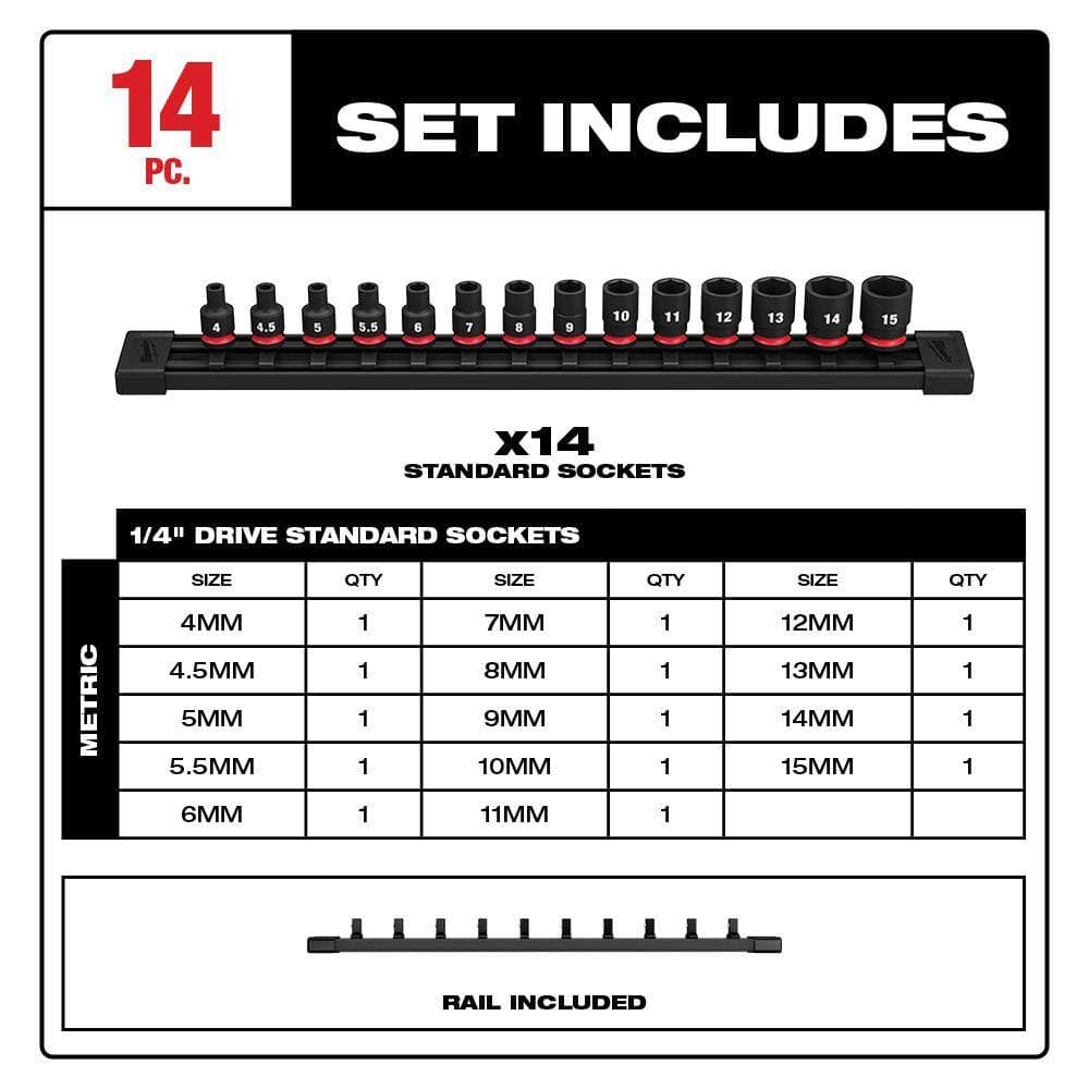 Milwaukee 49-66-7002 SHOCKWAVE 1/4 in. Drive Metric 6 Point Impact Socket Set (14-Piece)