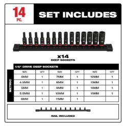 Milwaukee 49-66-7003 SHOCKWAVE 1/4 in. Drive Metric Deep Well 6 Point Impact Socket Set (14-Piece)