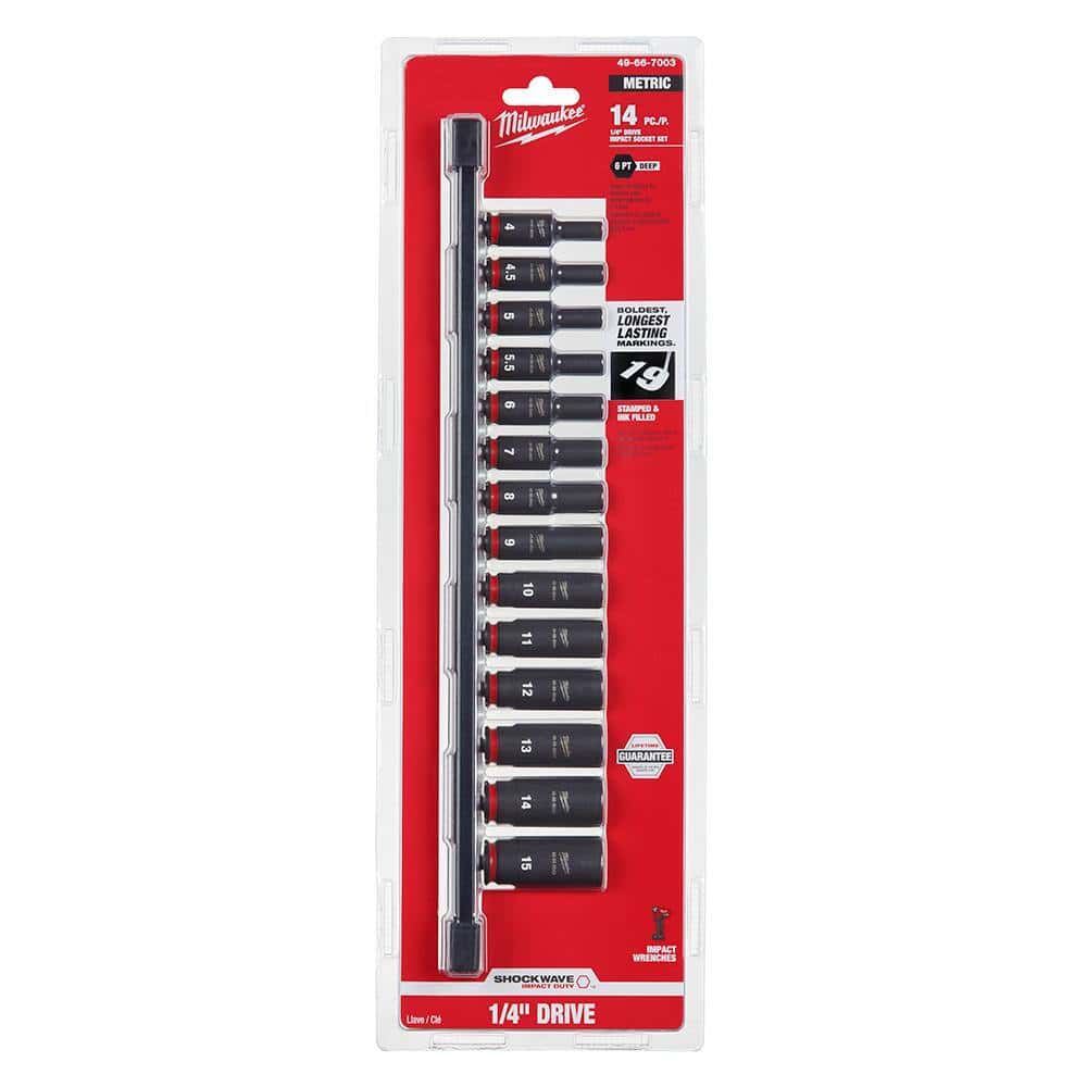 Milwaukee 49-66-7003 SHOCKWAVE 1/4 in. Drive Metric Deep Well 6 Point Impact Socket Set (14-Piece)