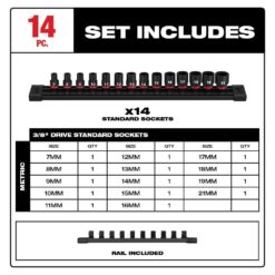 Milwaukee 49-66-7007 SHOCKWAVE 3/8 in. Drive Metric 6 Point Impact Socket Set (14-Piece)